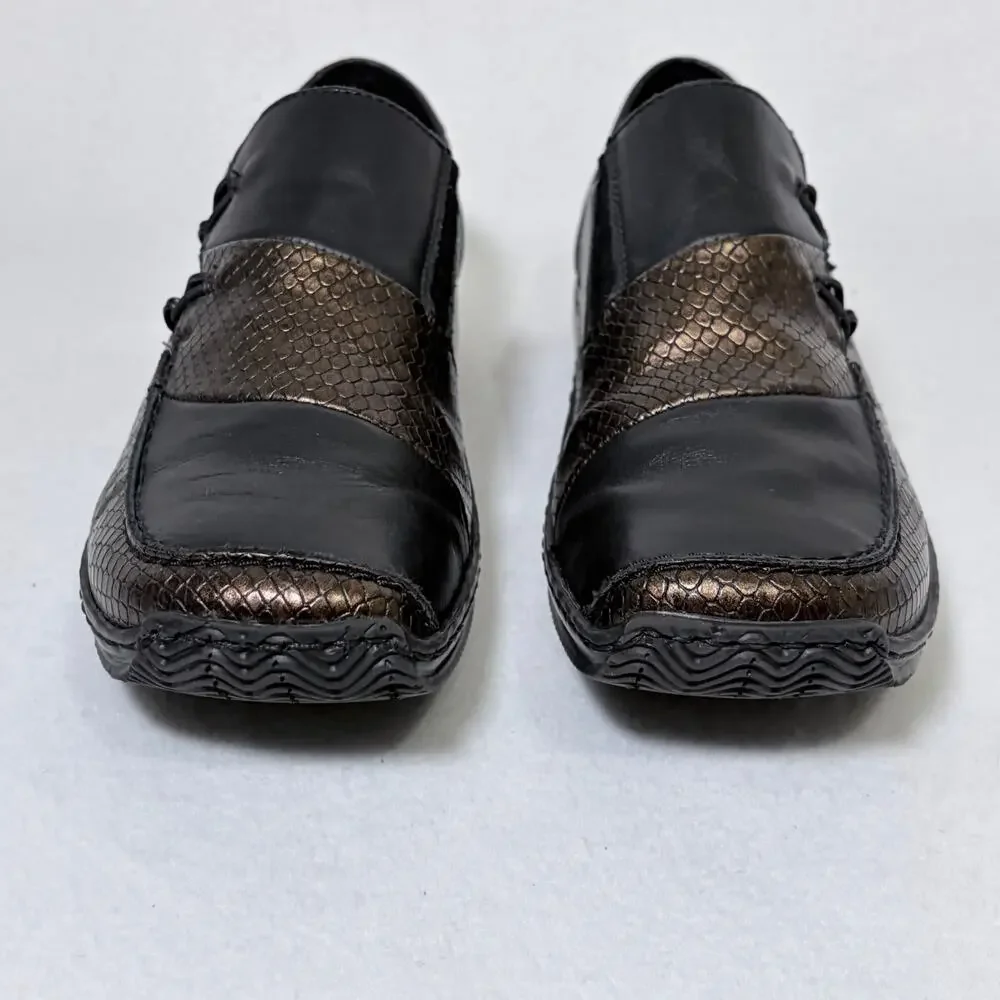 Rieker Comfort Slip On Shoes Womens 39 US 8 Black Leather Brown Argyle Metallic